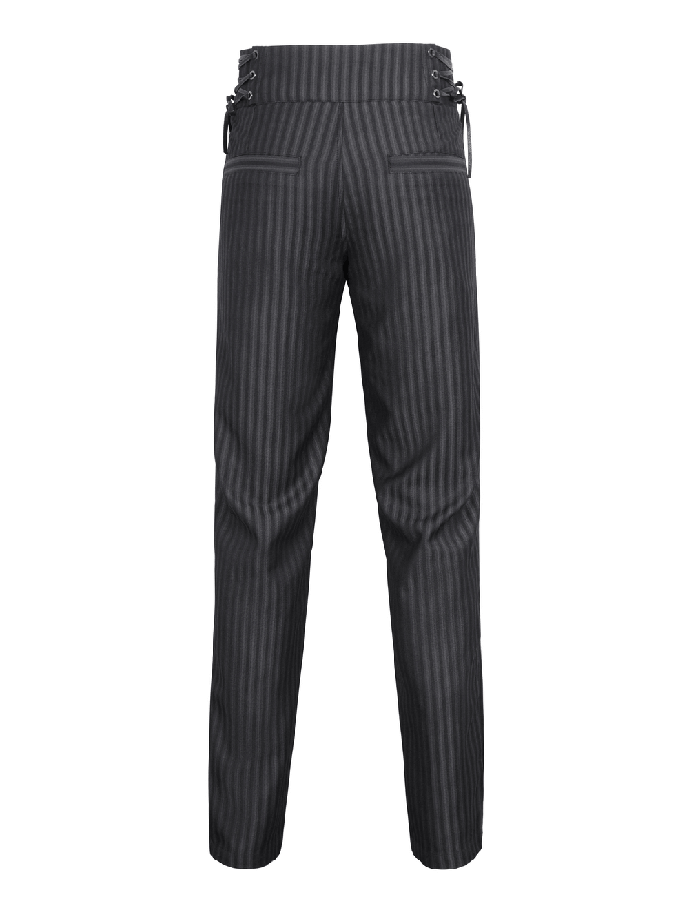 Back view of black high-waisted striped trousers with lace-up sides, perfect for a stylish night out.