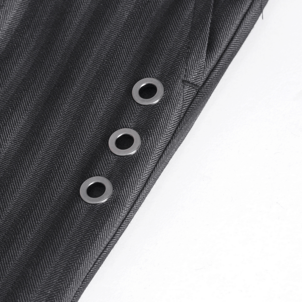 Close-up of black high-waisted striped trousers with lace-up side details and grommet accents.