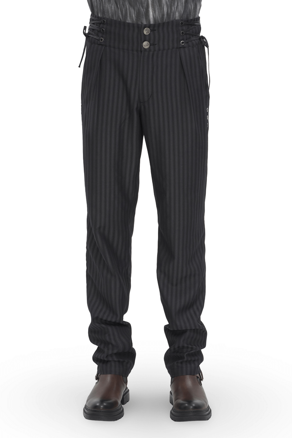 Black high-waisted striped trousers with lace-up side detail for men, ideal for a night out or special occasion.