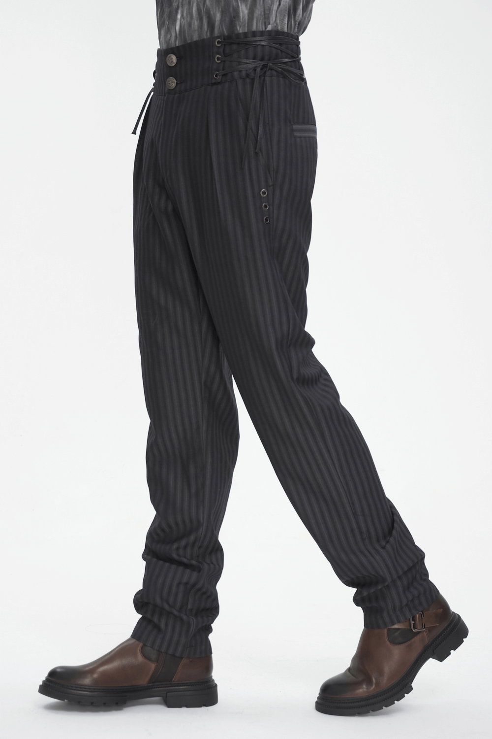 Black High-Waisted Lace-Up Side Striped Trousers