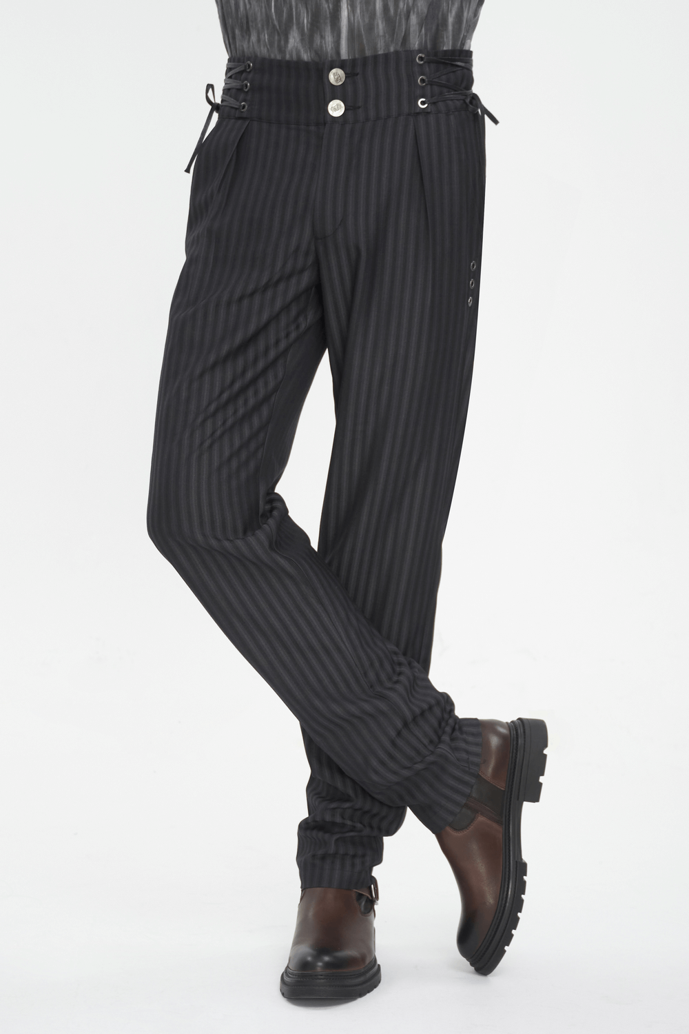 Black high-waisted striped trousers with lace-up sides, perfect for making a stylish statement.