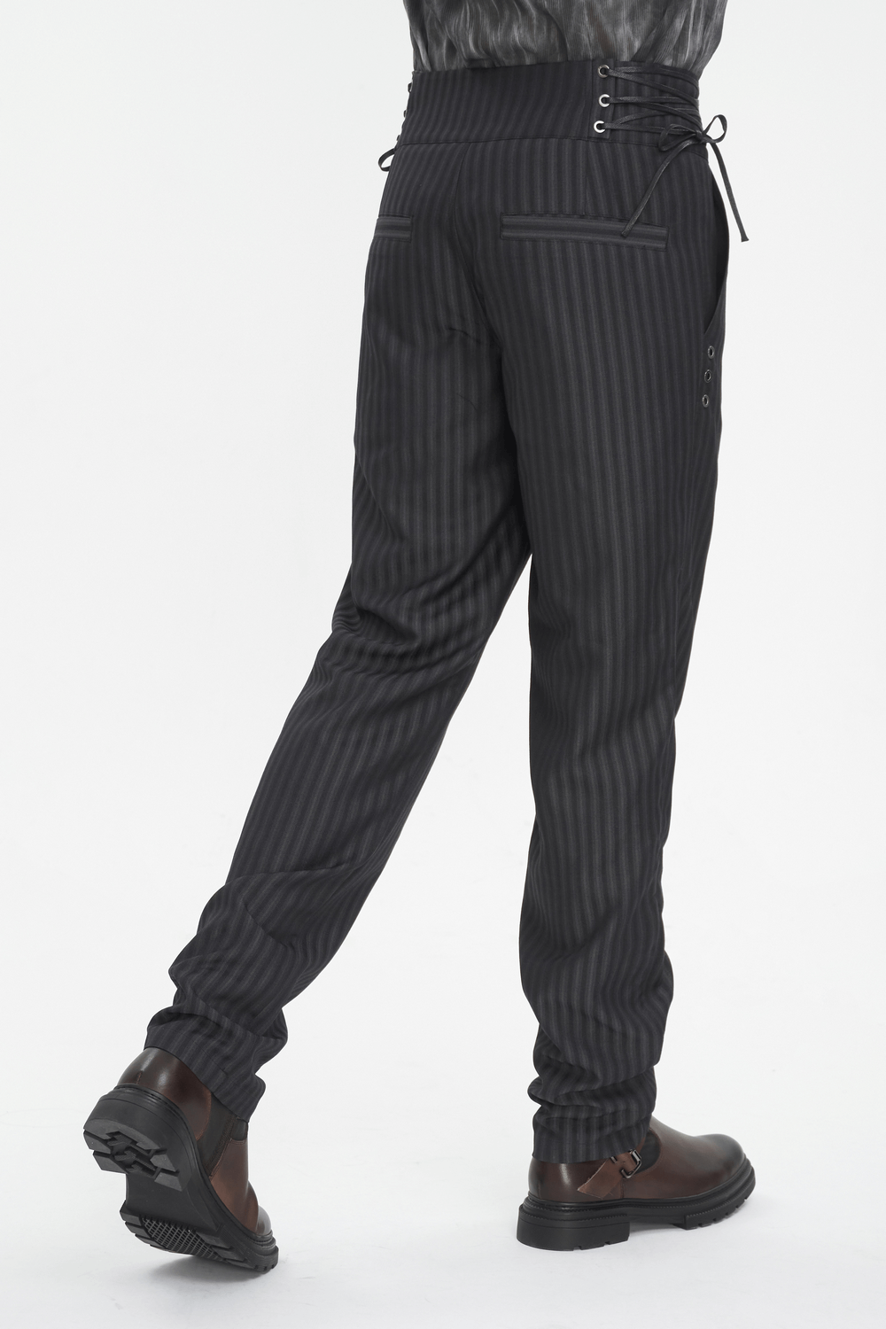 Black high-waisted striped trousers with lace-up sides, stylish back view for men, perfect for special occasions.