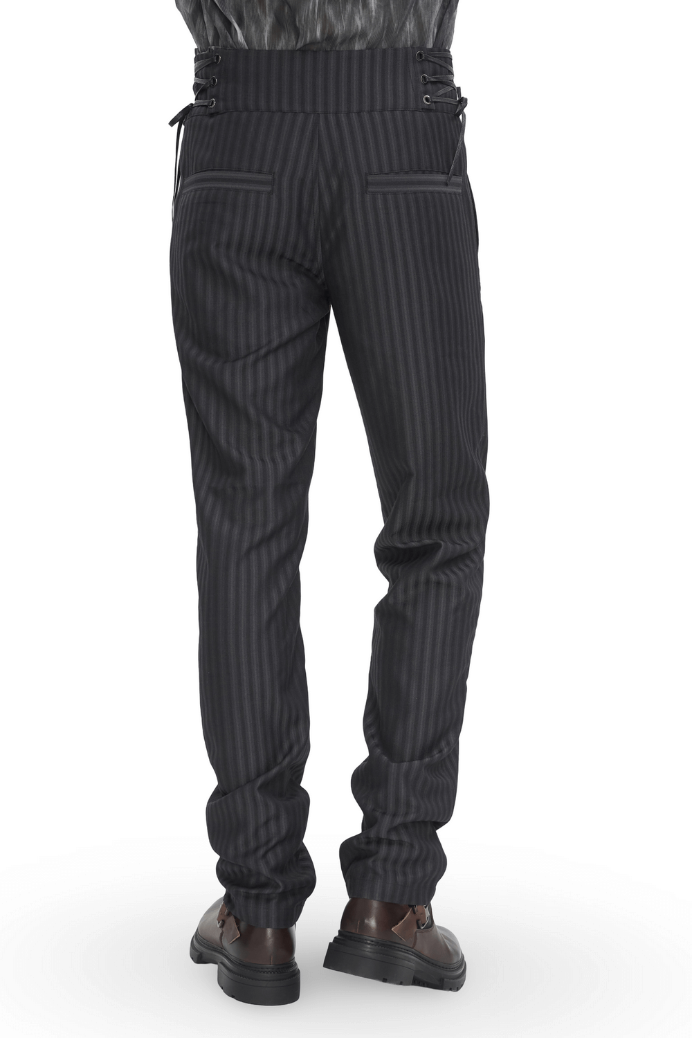 Back view of black high-waisted striped trousers with lace-up detail, perfect for stylish men's fashion.