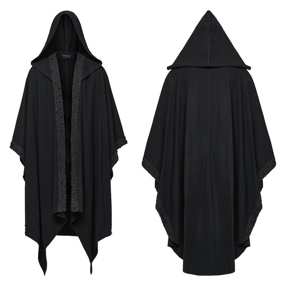 Elegant black hooded cloak with gothic lace trim and pointed hem, perfect for a dark, mystical wardrobe.