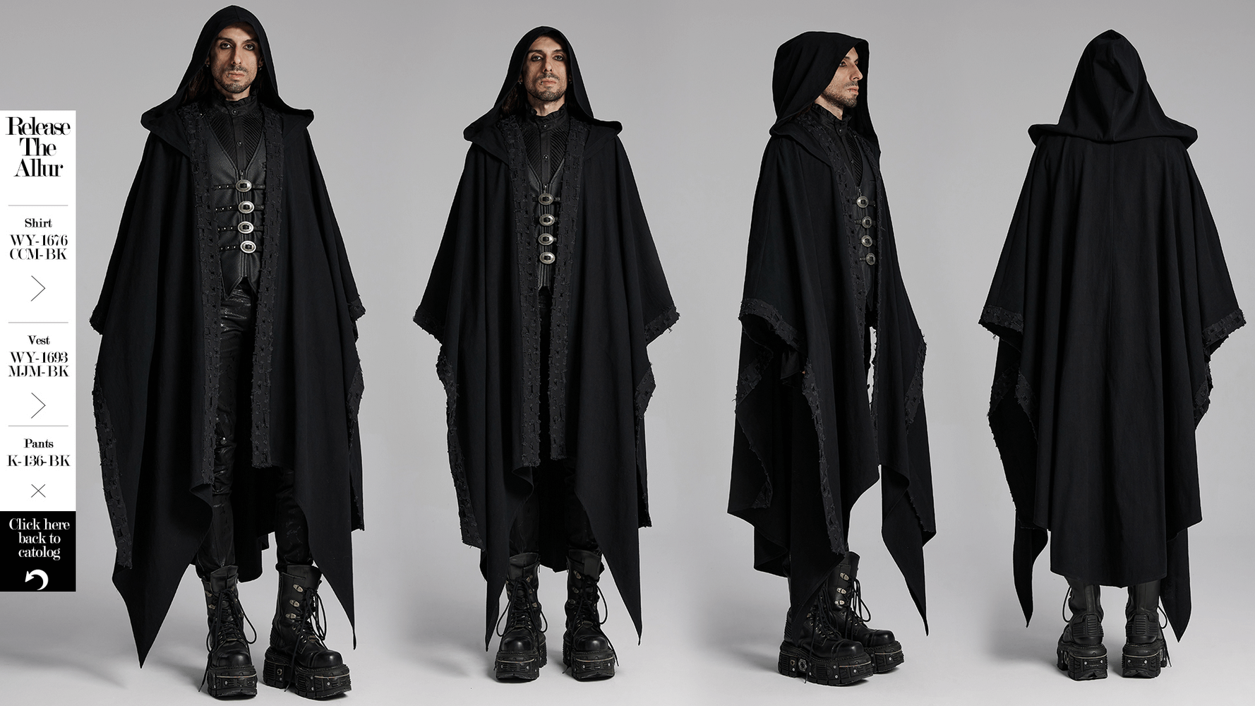 Black hooded cloak with gothic lace trim, featuring a high-low pointed hem and a mysterious dark mage look.