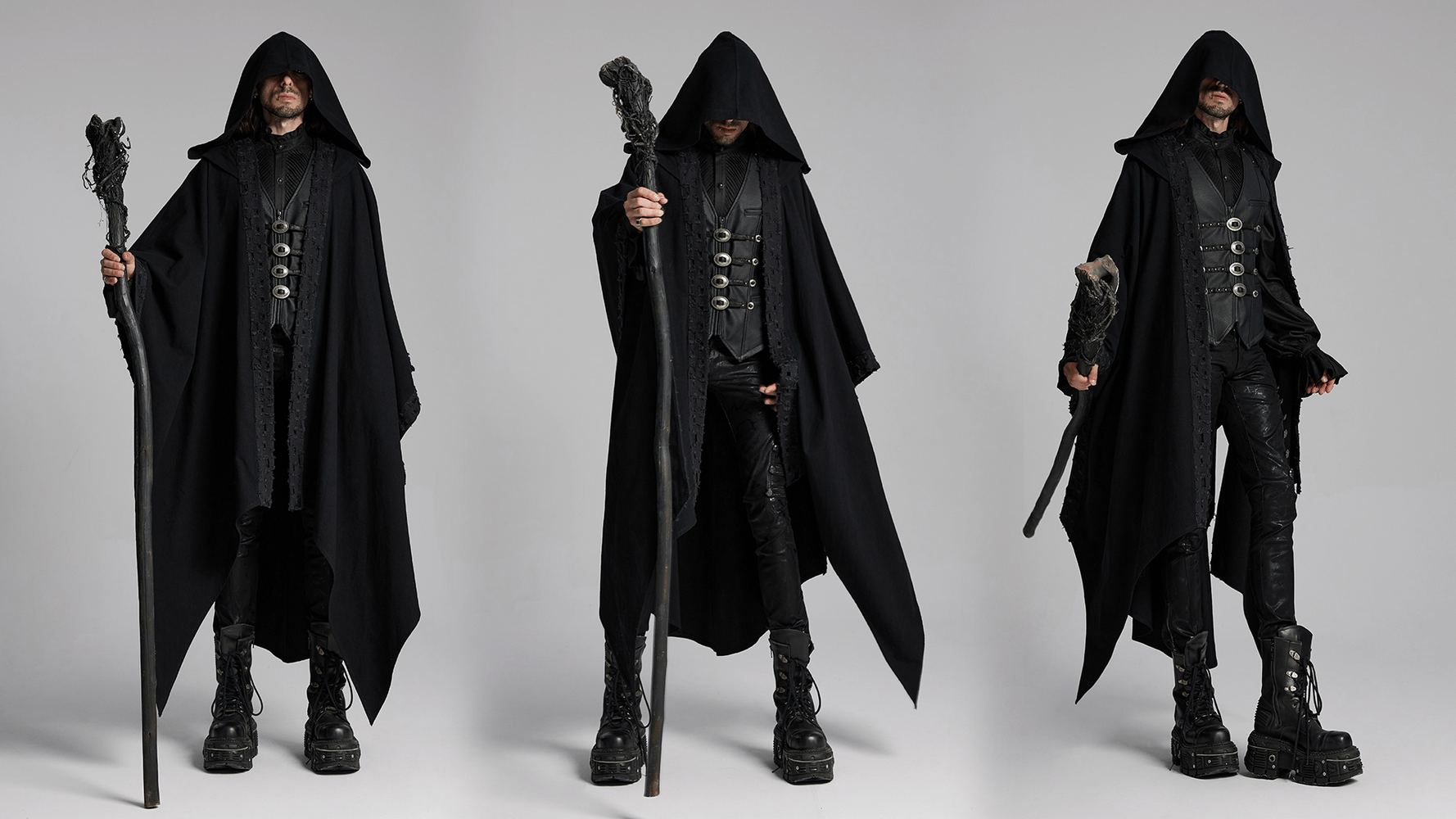 Black hooded cloak with gothic lace, high-low hem, worn by a figure holding a staff, exuding a dark mage aesthetic.