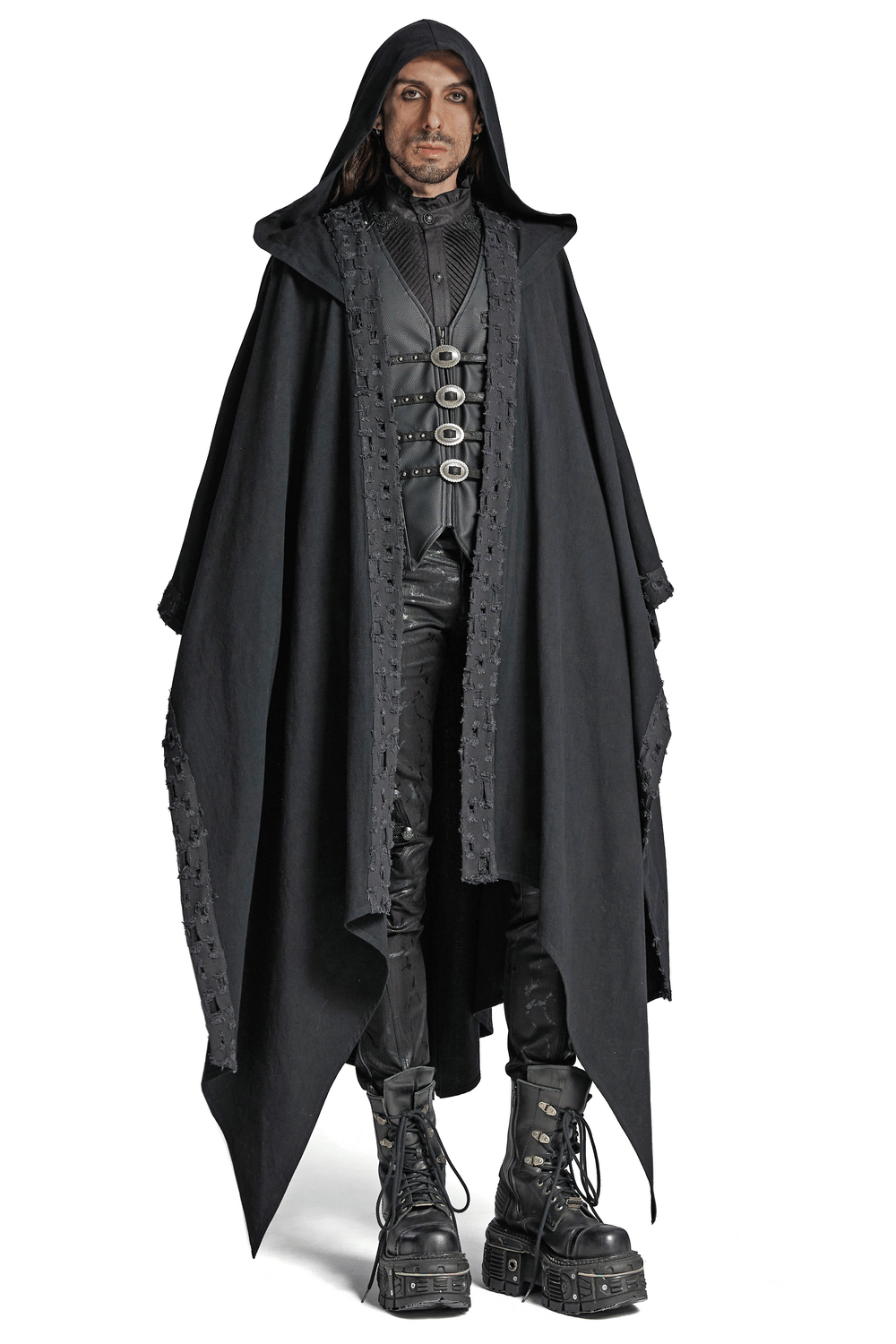 Black hooded cloak with gothic lace trim and pointed hem worn by a model, perfect for dark fashion enthusiasts.