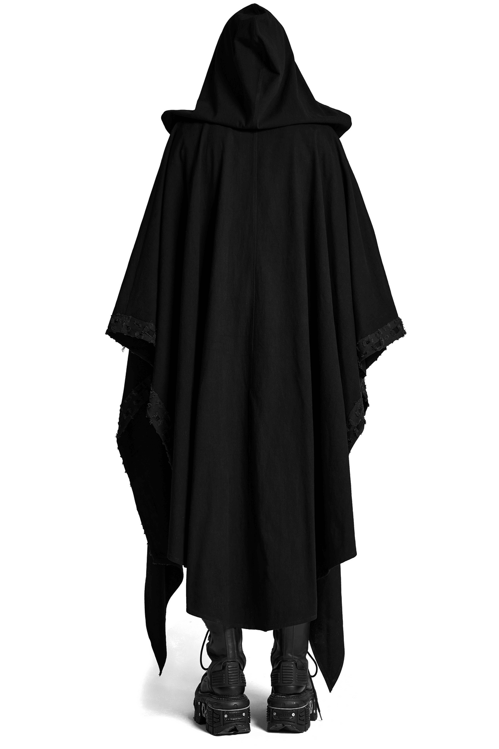 Black hooded cloak with gothic lace trim, showcasing a high-low hem and loose-fit design for a mystical look.