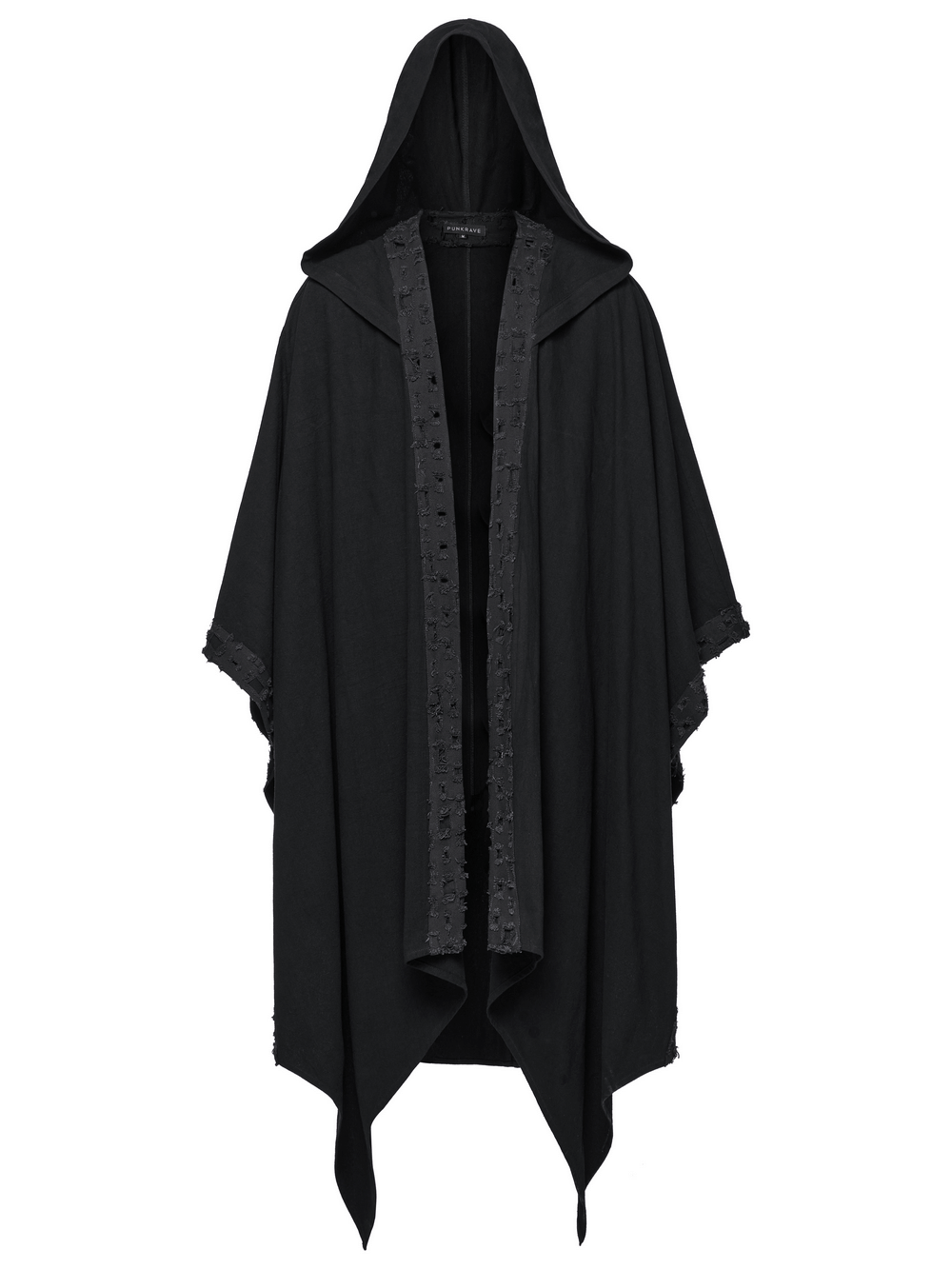 Black hooded cloak with gothic lace trim, featuring a high-low pointed hem for a mystical and elegant look.