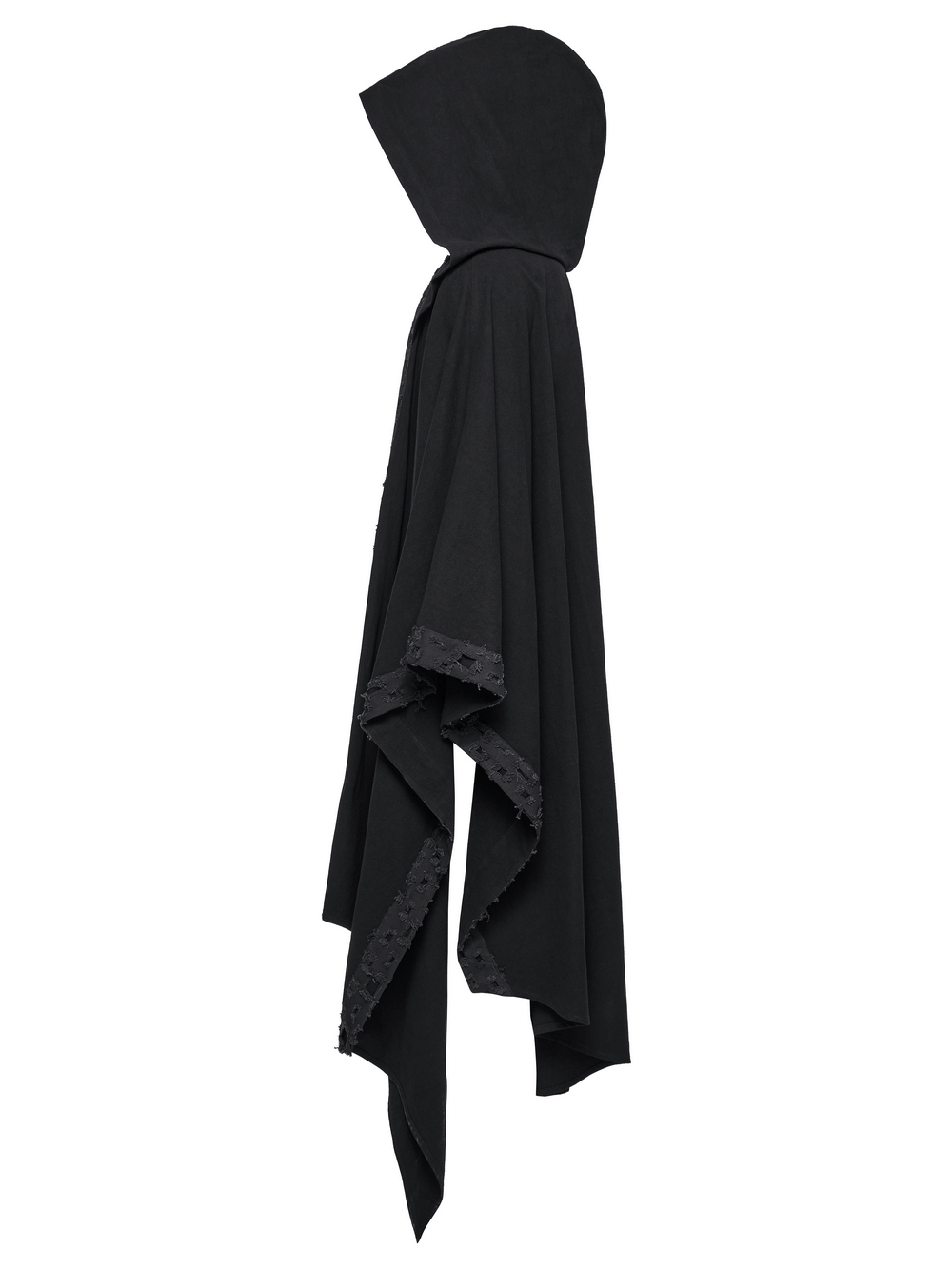 Black hooded cloak with gothic lace trim, featuring a pointed hem and loose-fit design for a mystical look.