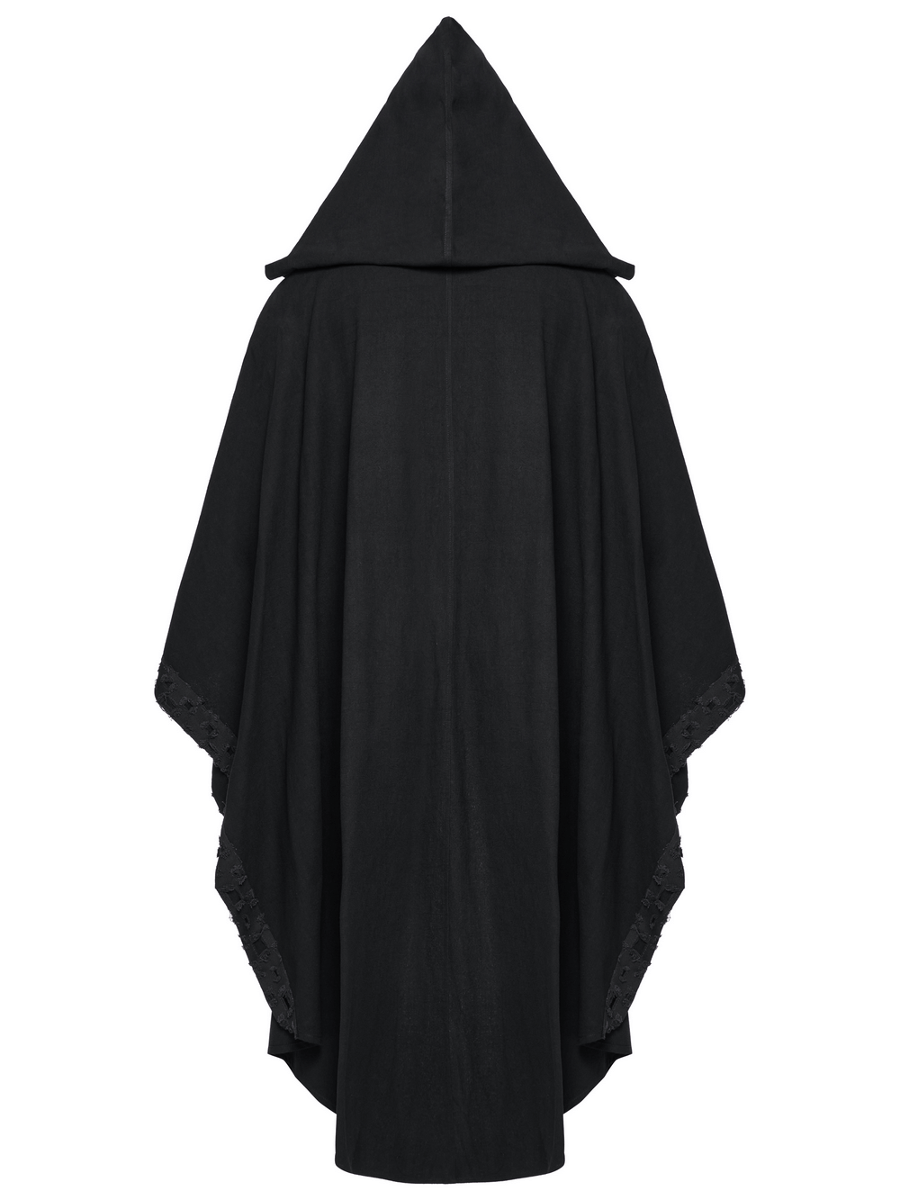 Black hooded cloak with gothic lace trim, showcasing a mystic silhouette and elegant high-low pointed hem from the back.