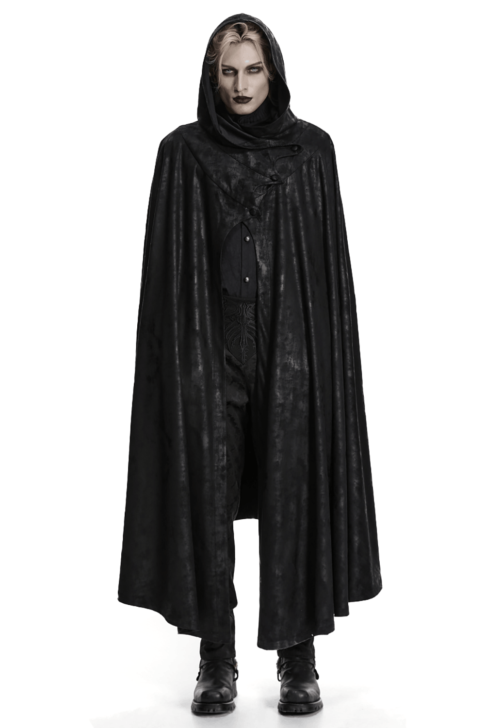 Black Hooded Gothic Cloak with Bat Wing Placket worn by a model in a striking black outfit.