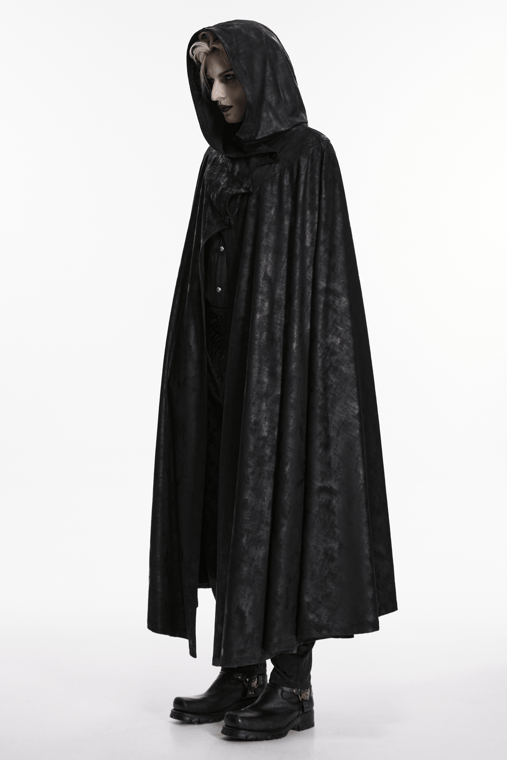Black Hooded Gothic Cloak with Bat Wing Placket displayed on a model, emphasizing its eerie elegance.