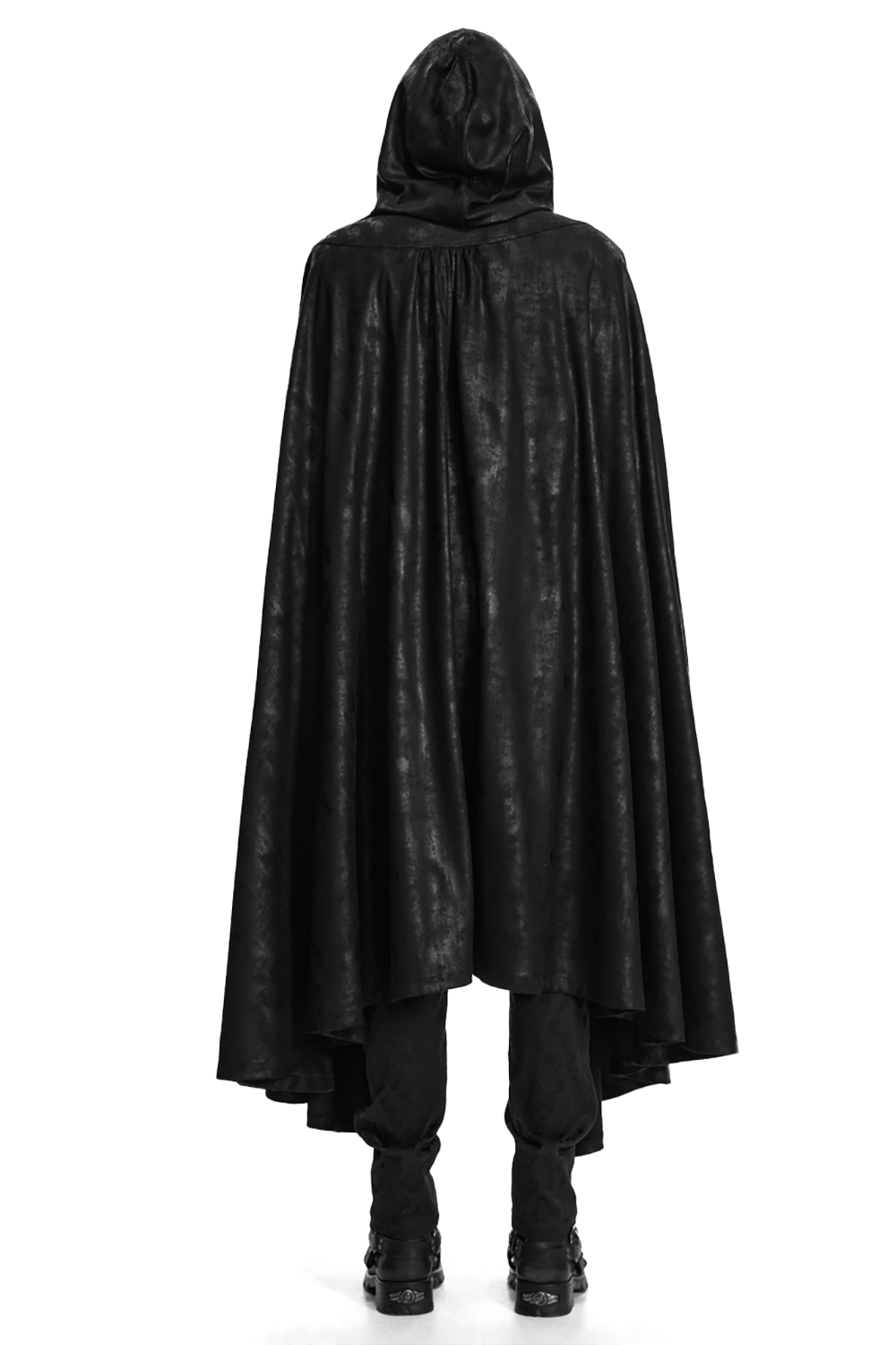 Black Hooded Gothic Cloak with Bat Wing Placket displayed from the back, showcasing its elegant and mysterious design.
