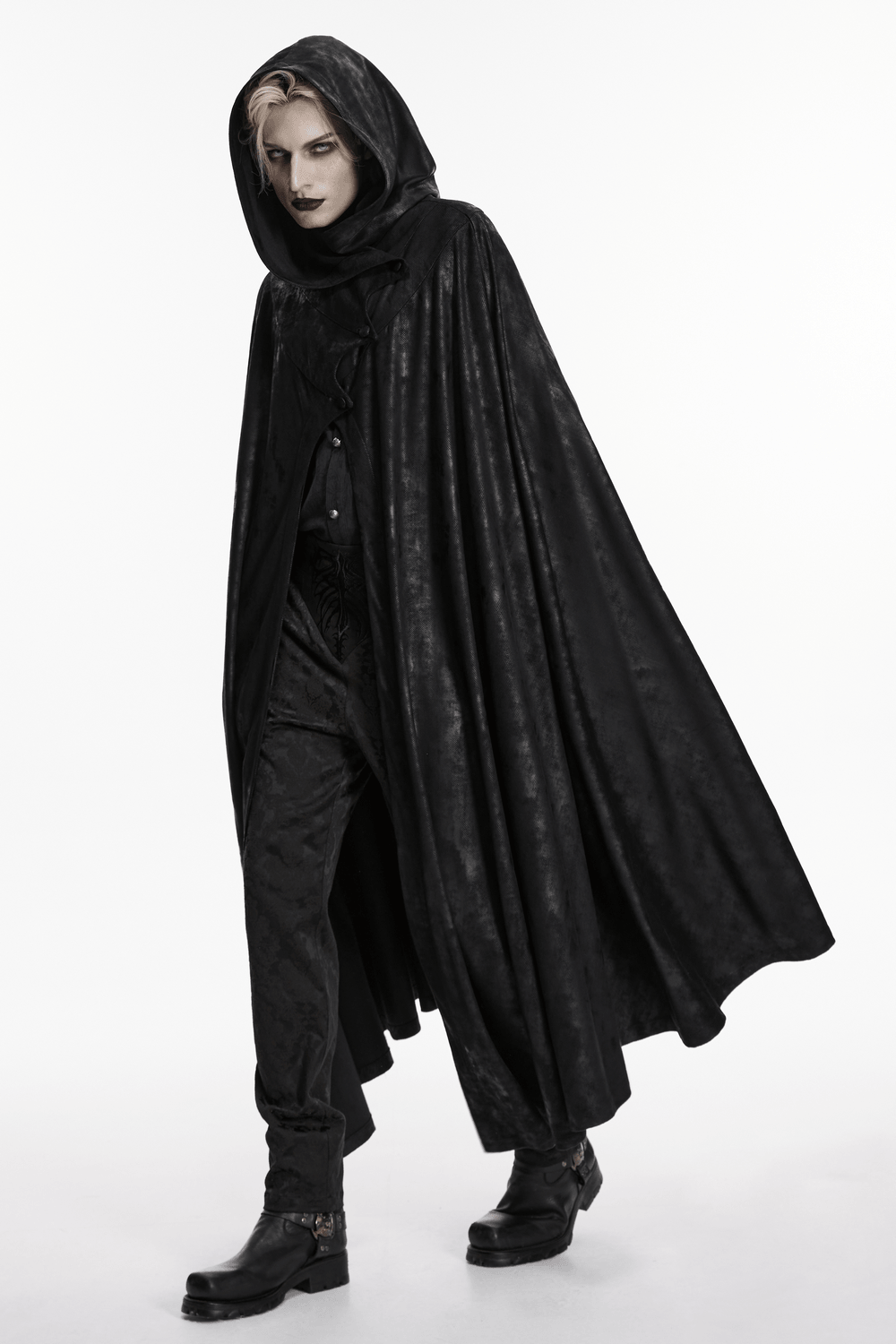 Black Hooded Gothic Cloak with Bat Wing Placket worn by a model in a striking pose.
