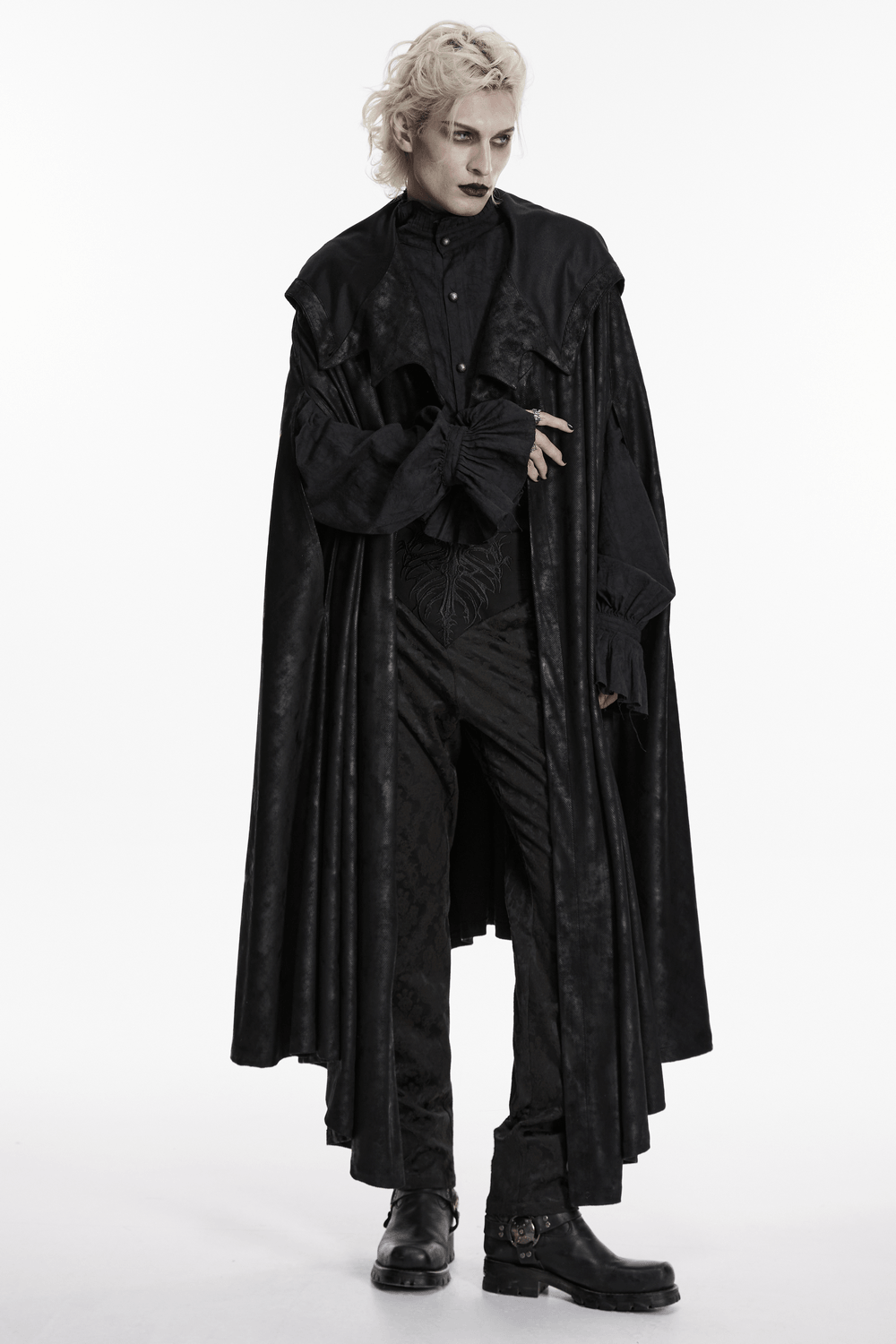 Black Hooded Gothic Cloak with Bat Wing Placket worn by a model on a minimalist background.