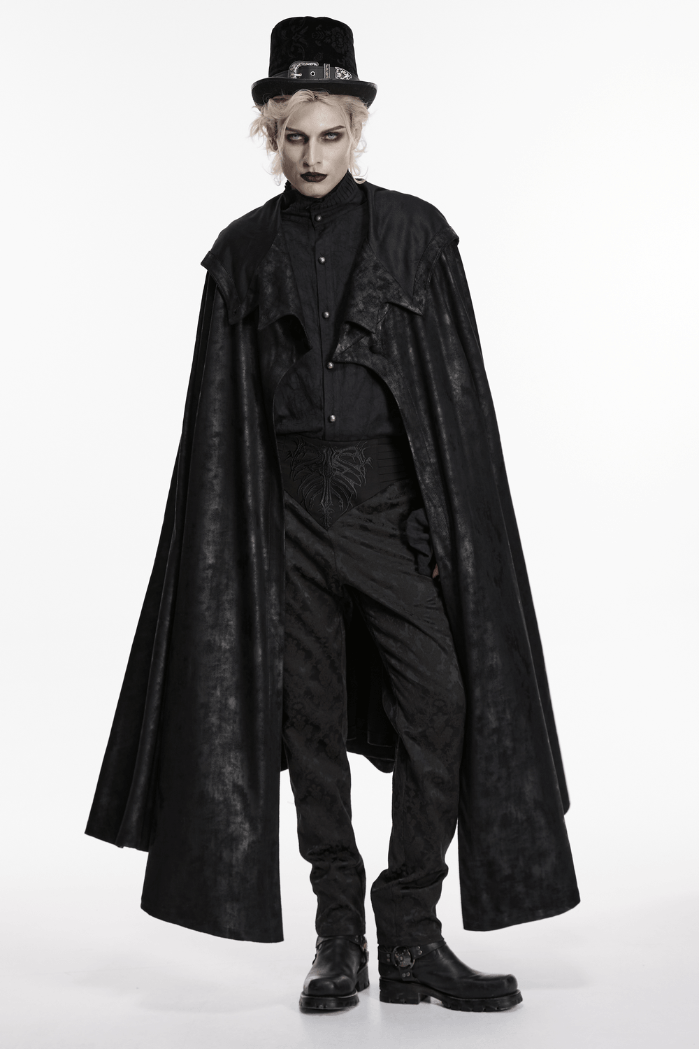 Black Hooded Gothic Cloak with Bat Wing Placket worn by a model with an edgy style.