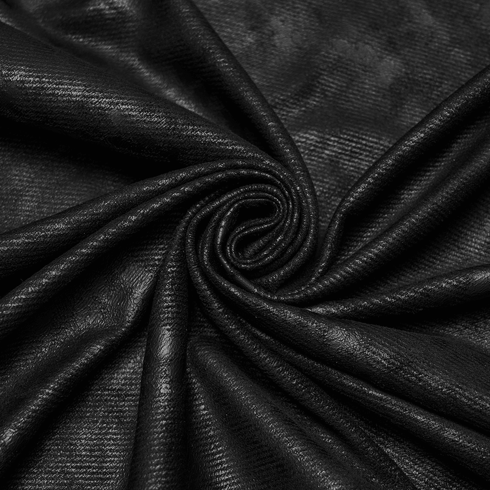 Black Hooded Gothic Cloak with Bat Wing Placket fabric detail showing luxurious black texture.
