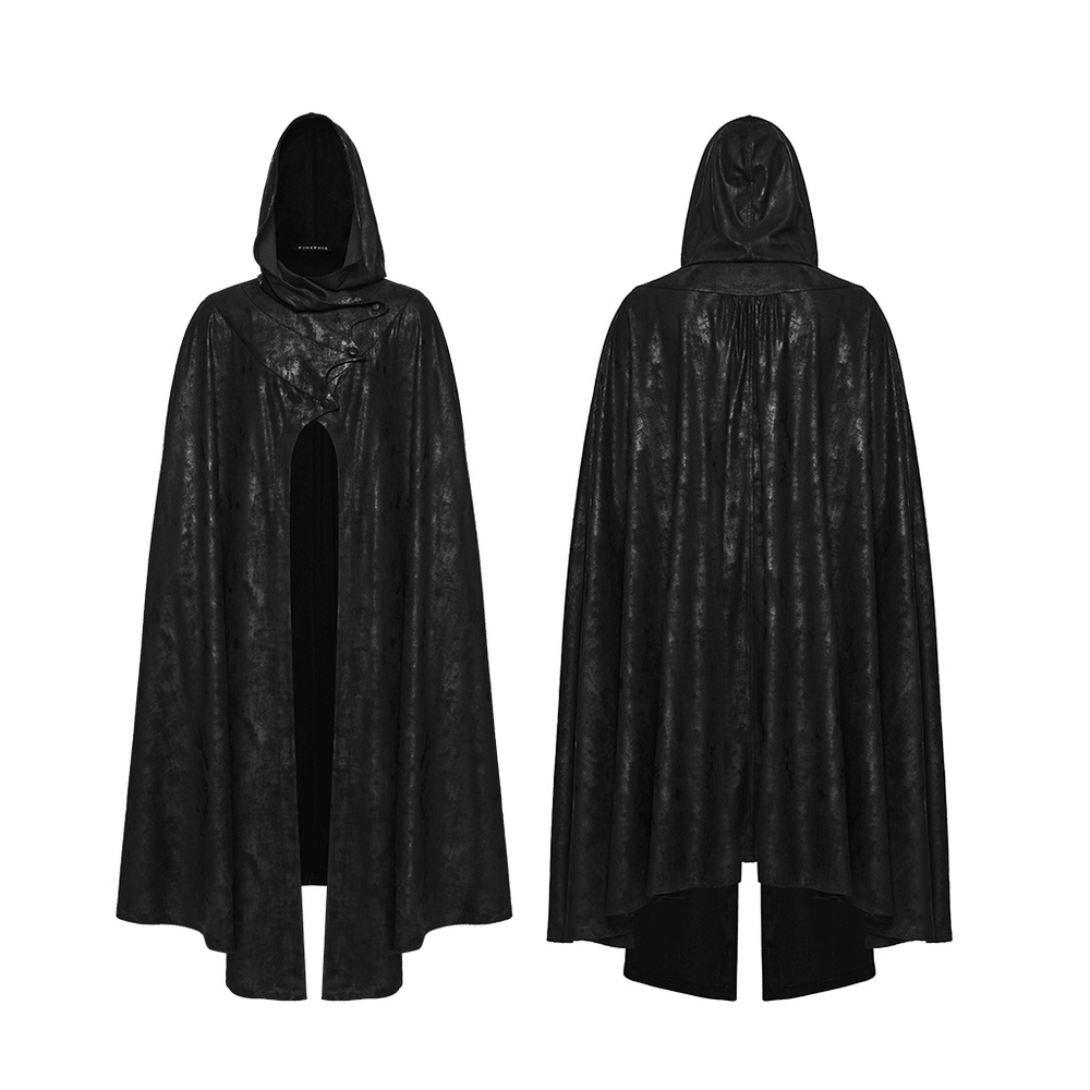 Black Hooded Gothic Cloak with Bat Wing Placket showcasing a dramatic design and intricate details.