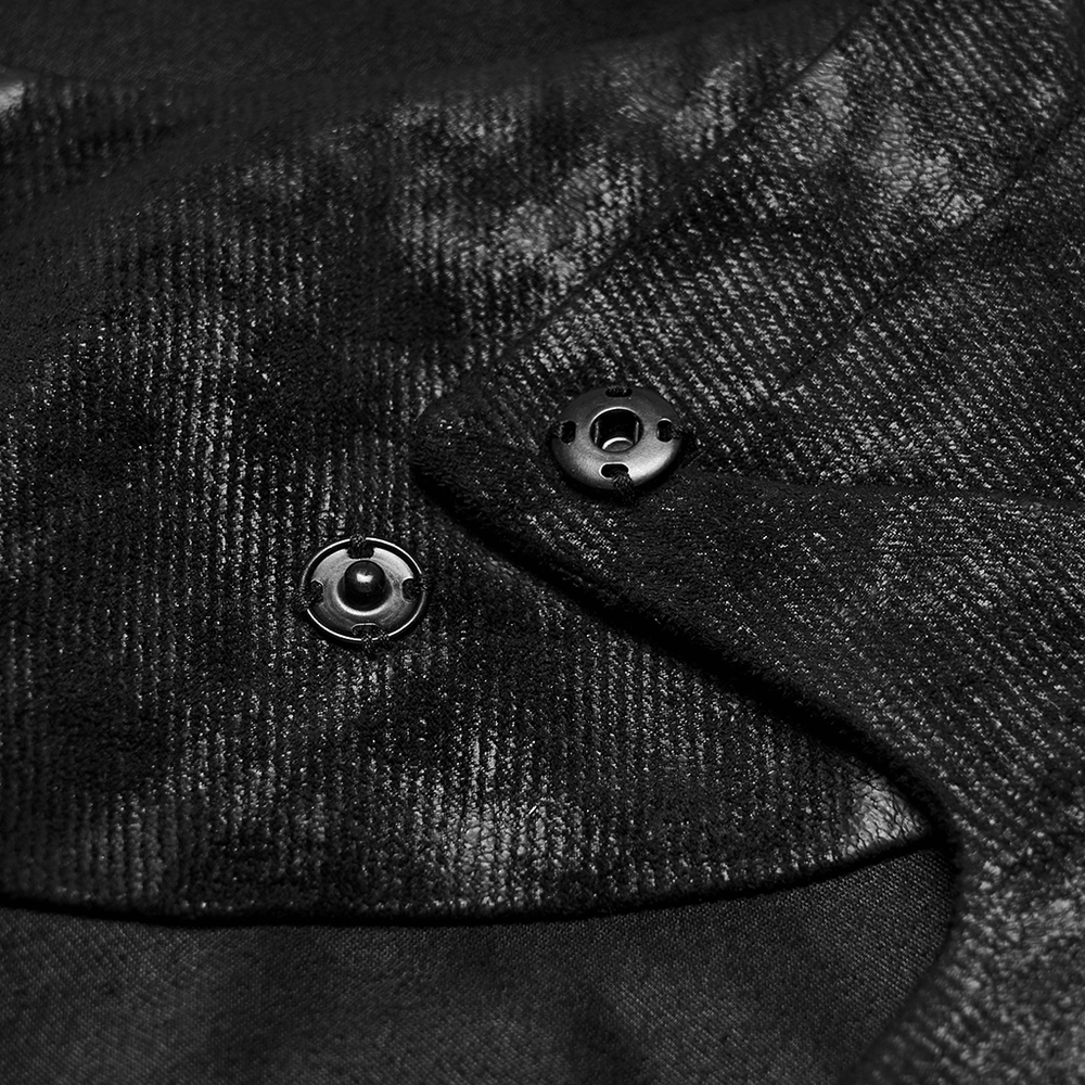 Close-up of the buttons on the Black Hooded Gothic Cloak with Bat Wing Placket, showcasing intricate details.