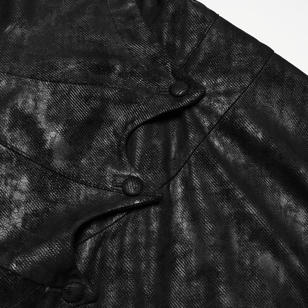 Close-up of the stylish fabric of the Black Hooded Gothic Cloak with Bat Wing Placket.