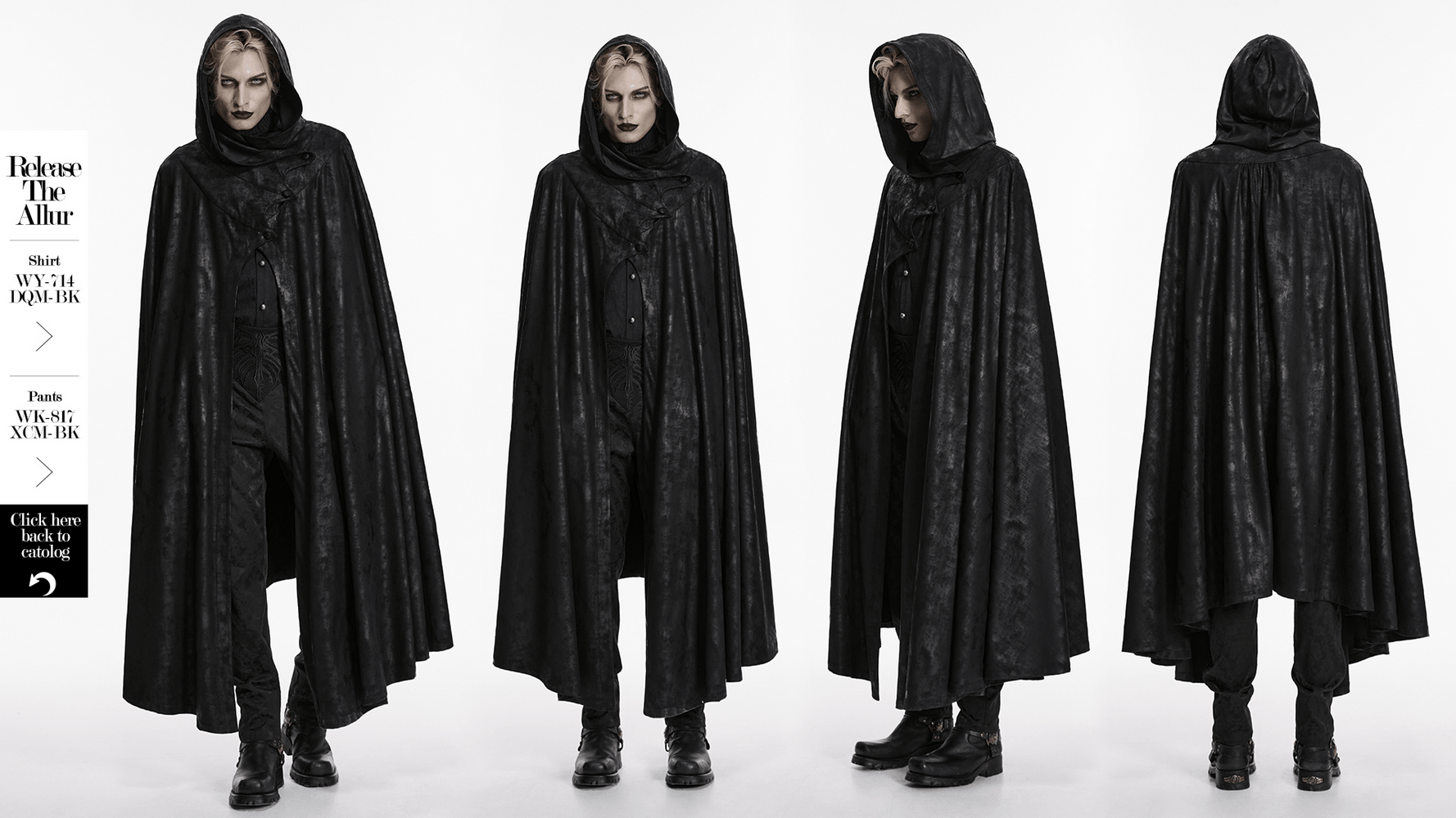 Black Hooded Gothic Cloak with Bat Wing Placket worn by model, showcasing elegant design and haunting style.