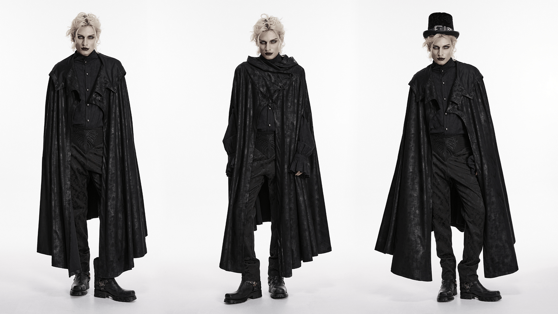 Black Hooded Gothic Cloak with Bat Wing Placket worn by a model showcasing a dramatic gothic look.