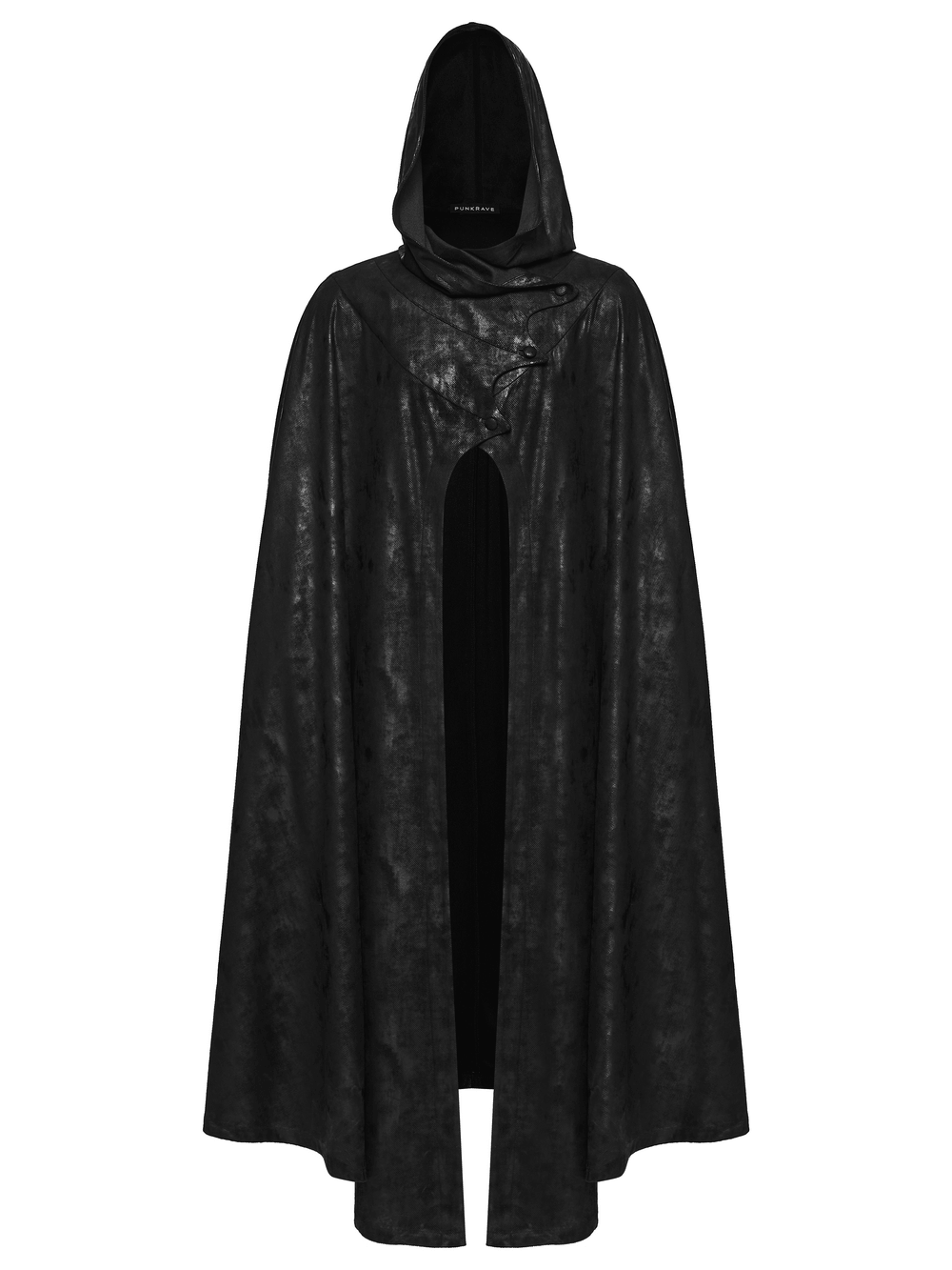 Black Hooded Gothic Cloak with Bat Wing Placket, stylishly dark and perfect for any gothic ensemble.