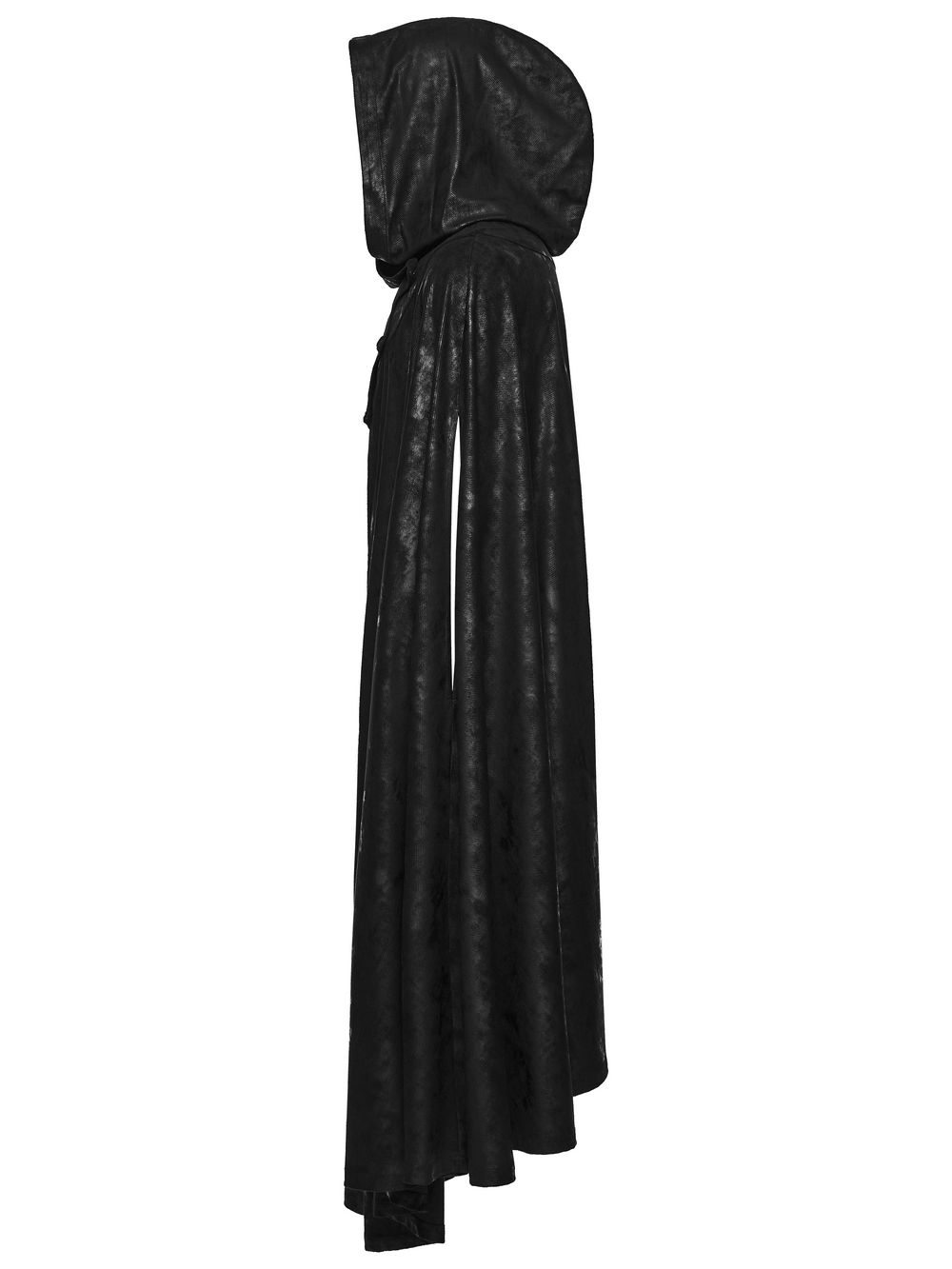 Black Hooded Gothic Cloak with Bat Wing Placket, showcasing the elegant drape and style from the side.