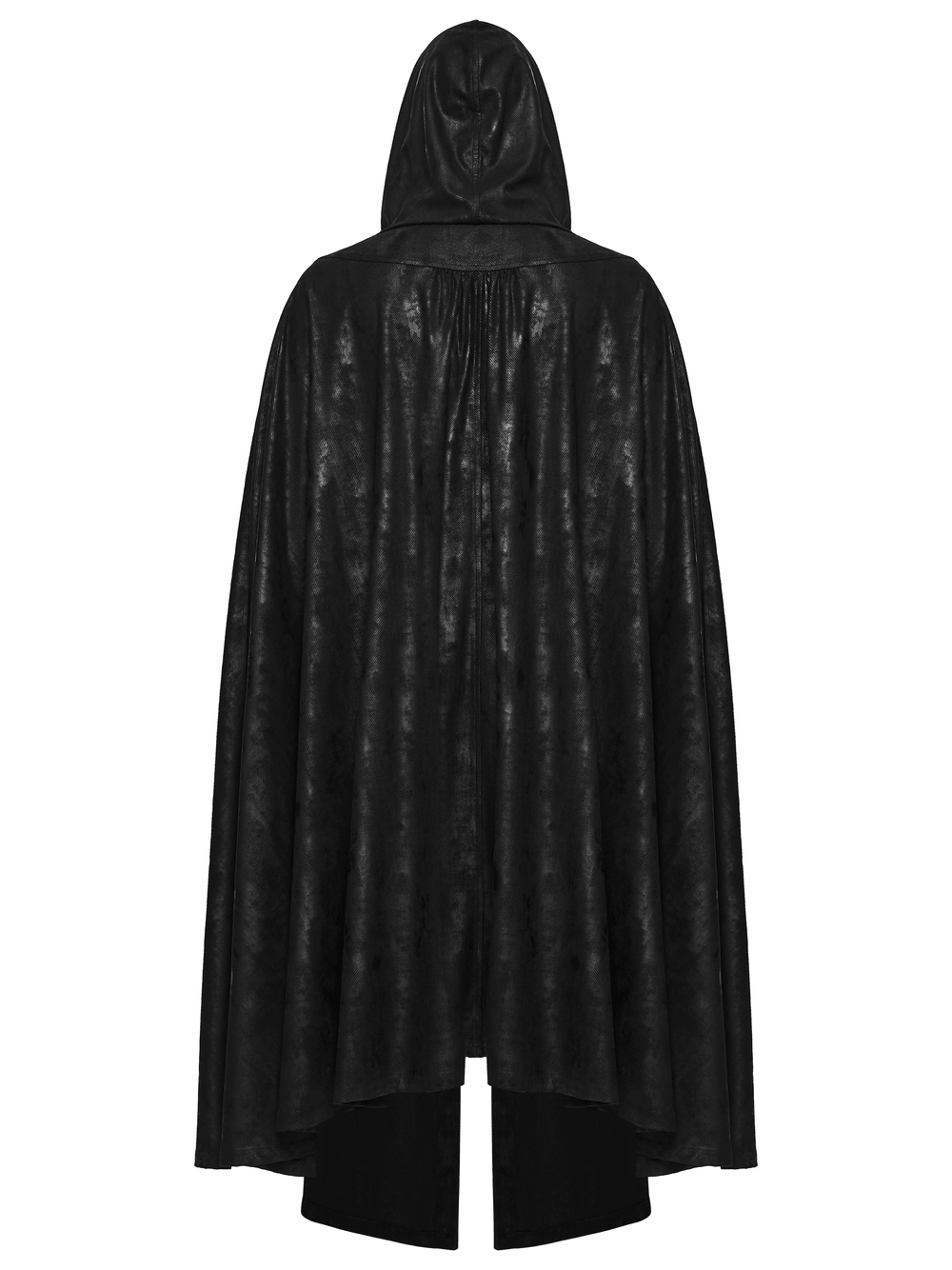 Black Hooded Gothic Cloak with Bat Wing Placket showcasing a dramatic hood and flowing fabric.