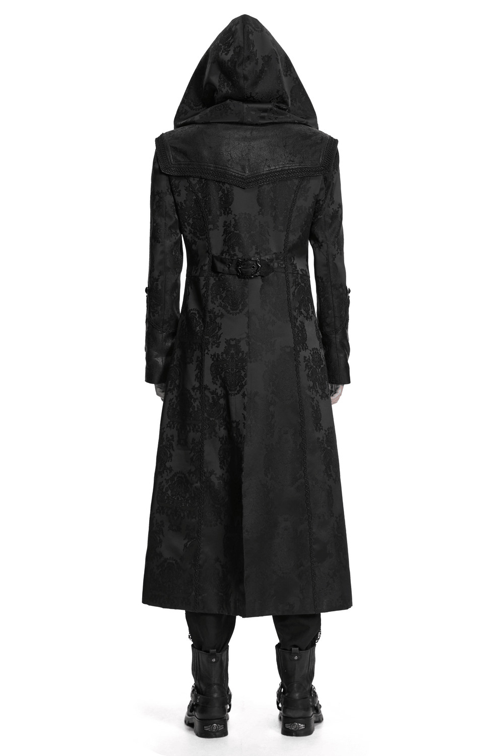Black Hooded Gothic Jacquard Tailcoat for Men