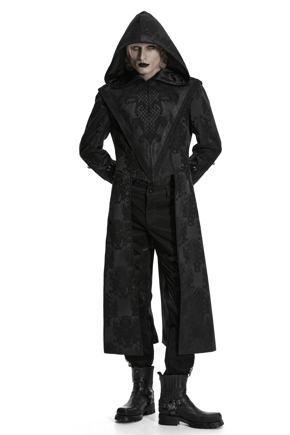 Black Hooded Gothic Jacquard Tailcoat for Men