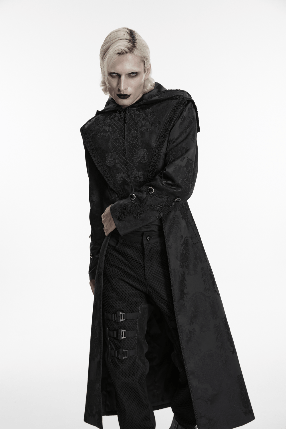 Black Hooded Gothic Jacquard Tailcoat for Men