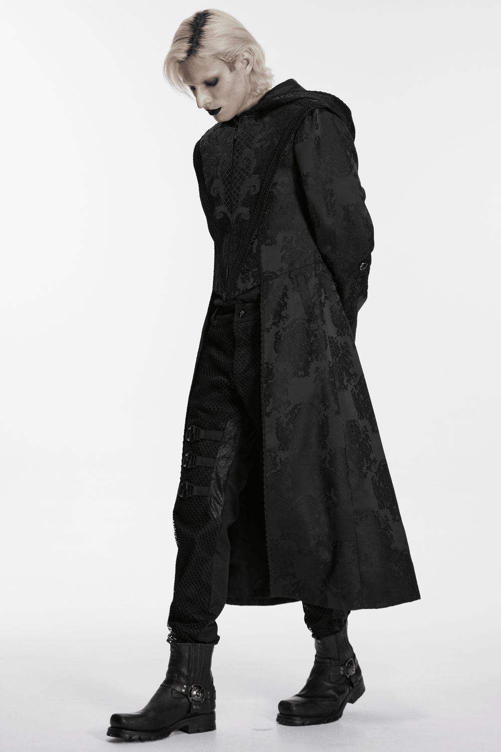 Black Hooded Gothic Jacquard Tailcoat for Men