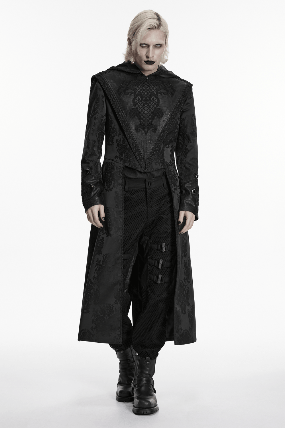Black Hooded Gothic Jacquard Tailcoat for Men