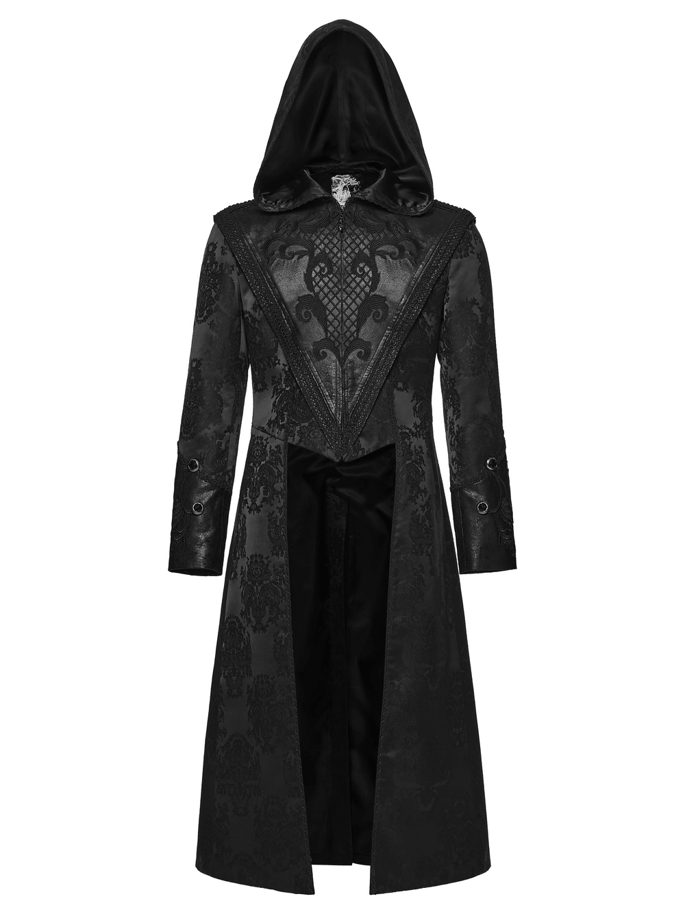 Black Hooded Gothic Jacquard Tailcoat for Men