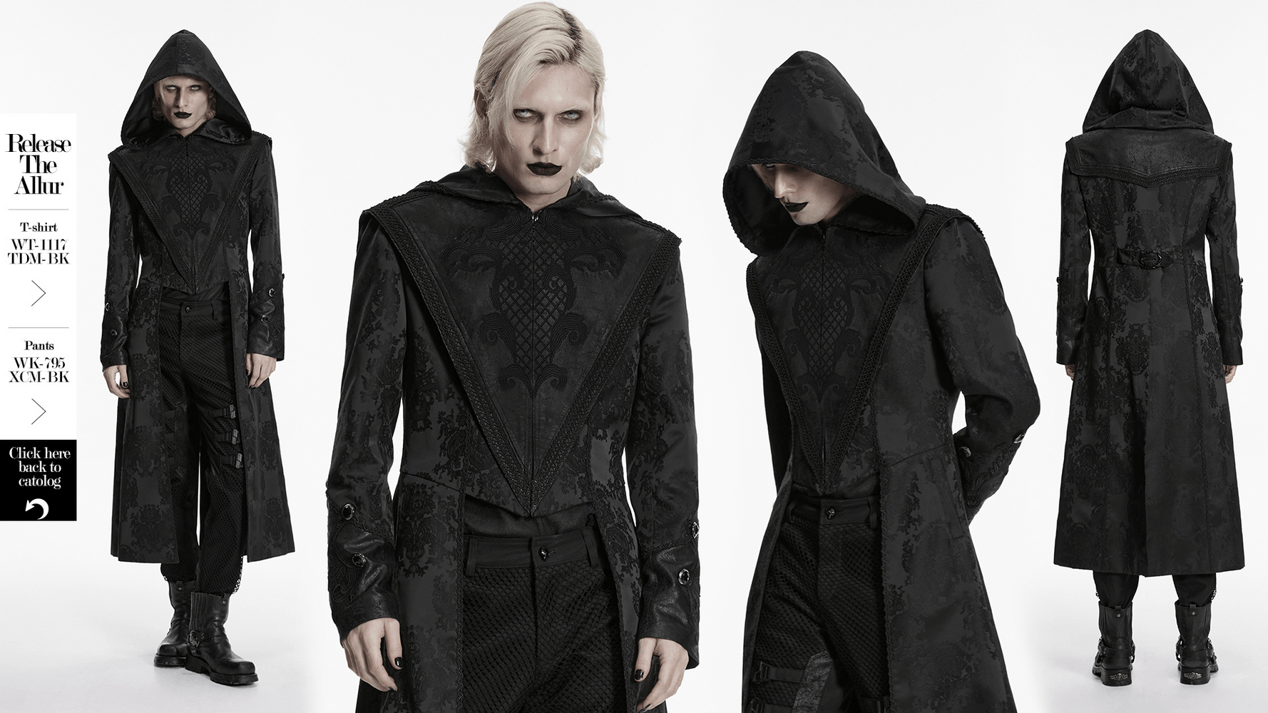 Black Hooded Gothic Jacquard Tailcoat for Men