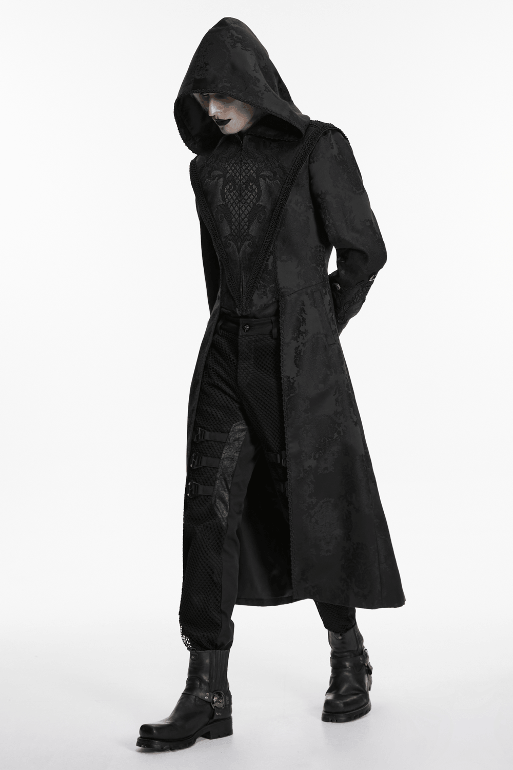 Black Hooded Gothic Jacquard Tailcoat for Men