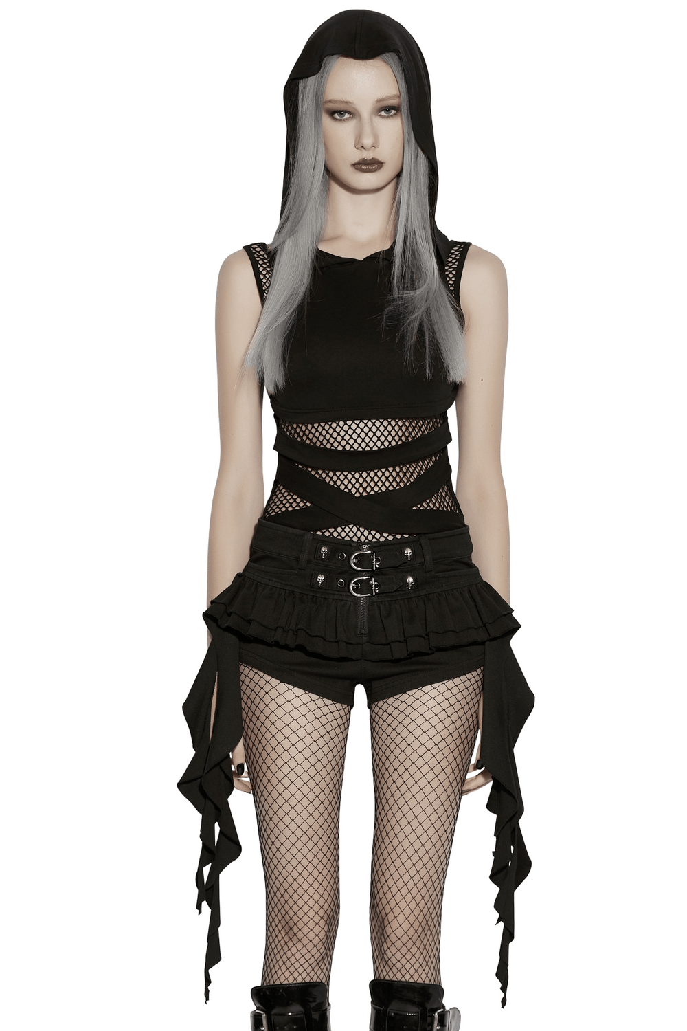Black Hooded Mesh Cutout Wasteland Sleeveless Top displayed on a model, featuring fishnet panels and a stylish hood.