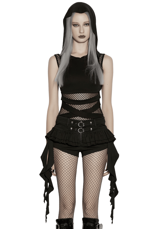 Black Hooded Mesh Cutout Wasteland Sleeveless Top