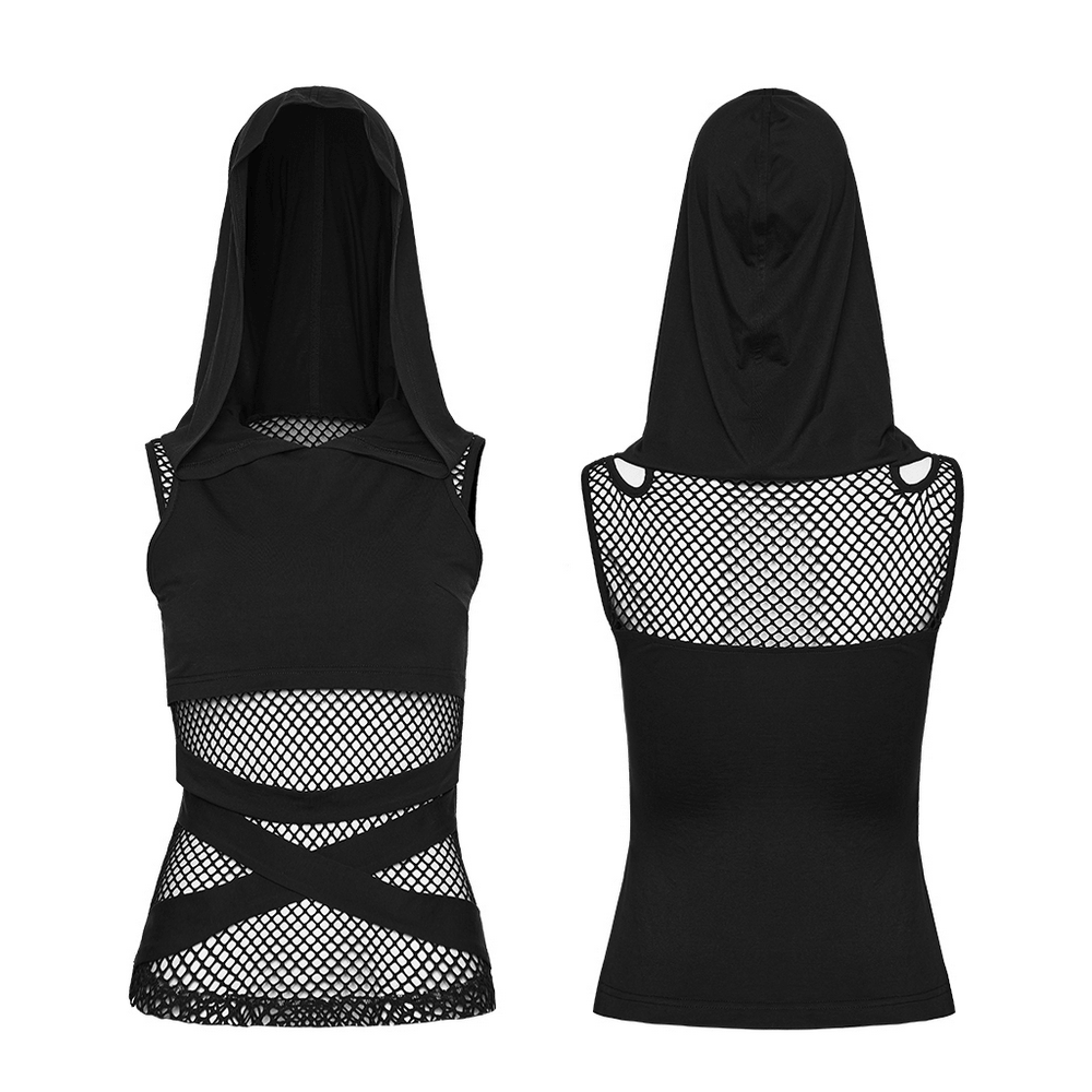 Black Hooded Mesh Cutout Wasteland Sleeveless Top featuring fishnet panels and crossover waist straps.
