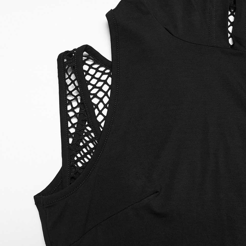 Black Hooded Mesh Cutout Wasteland Sleeveless Top featuring fishnet panel detailing.