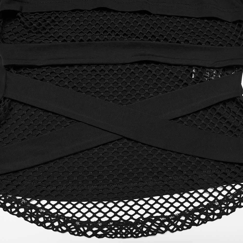 Black Hooded Mesh Cutout Wasteland Sleeveless Top showing fishnet panel and crossover waist straps detail.
