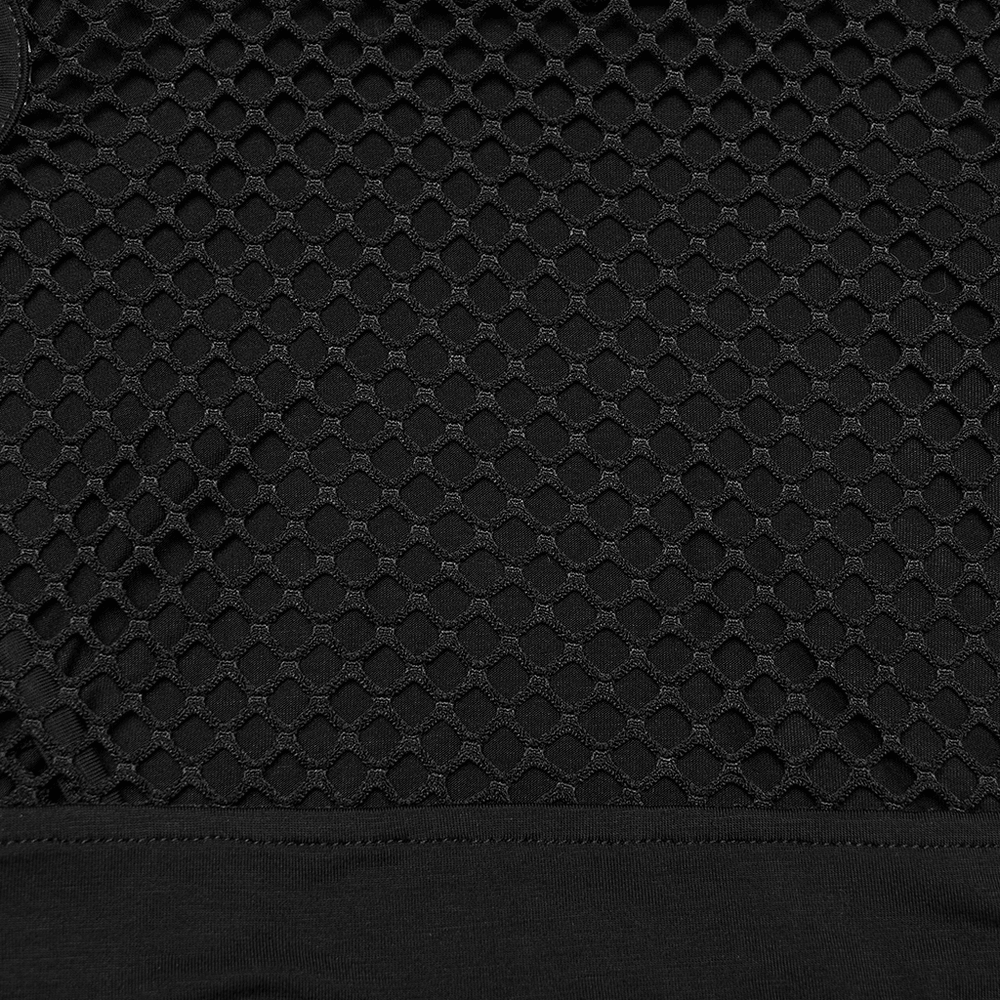 Black Hooded Mesh Cutout Wasteland Sleeveless Top showcasing fishnet panel details and sleek design.