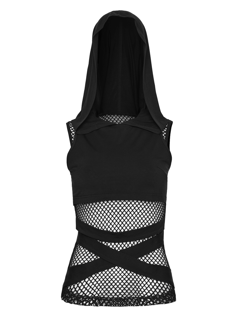 Black Hooded Mesh Cutout Wasteland Sleeveless Top showcasing fishnet details and a stylish hood.