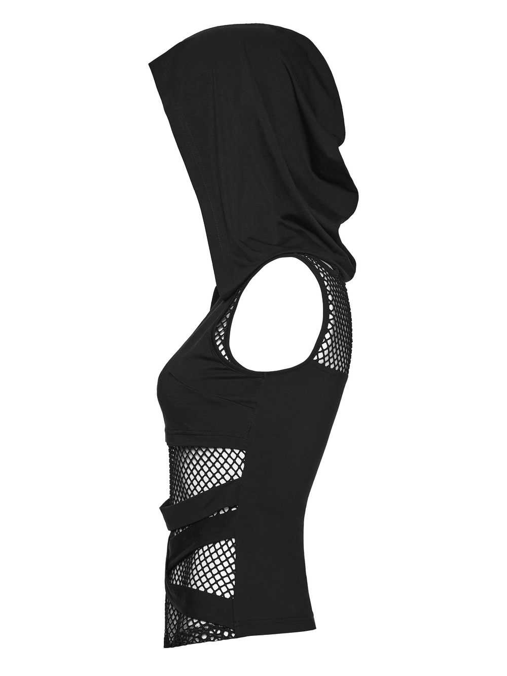 Black Hooded Mesh Cutout Wasteland Sleeveless Top side view showcasing fishnet panels and hood design.