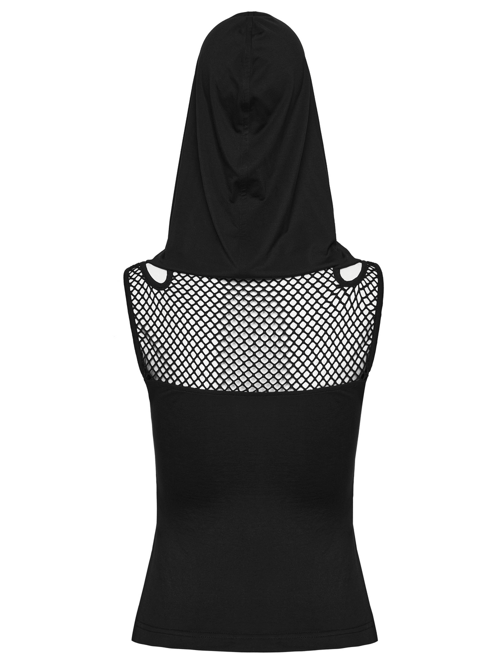 Back view of Black Hooded Mesh Cutout Wasteland Sleeveless Top showcasing fishnet panels and hood.
