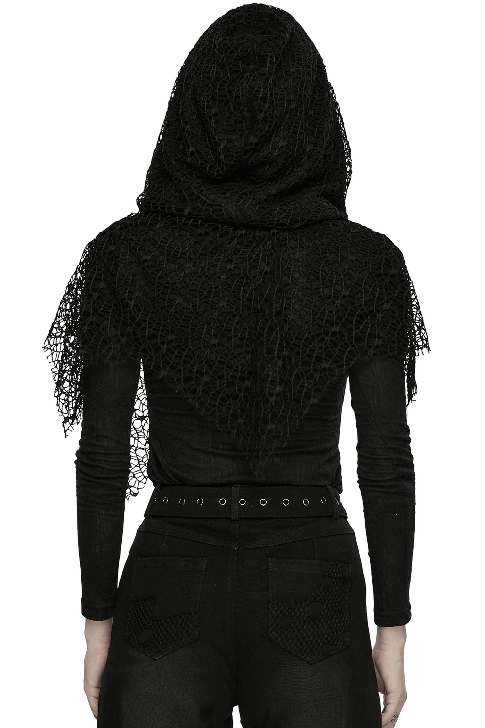 Back view of a wearer in a Black Hooded Mesh Overlay Wasteland Punk Top showcasing its unique design.