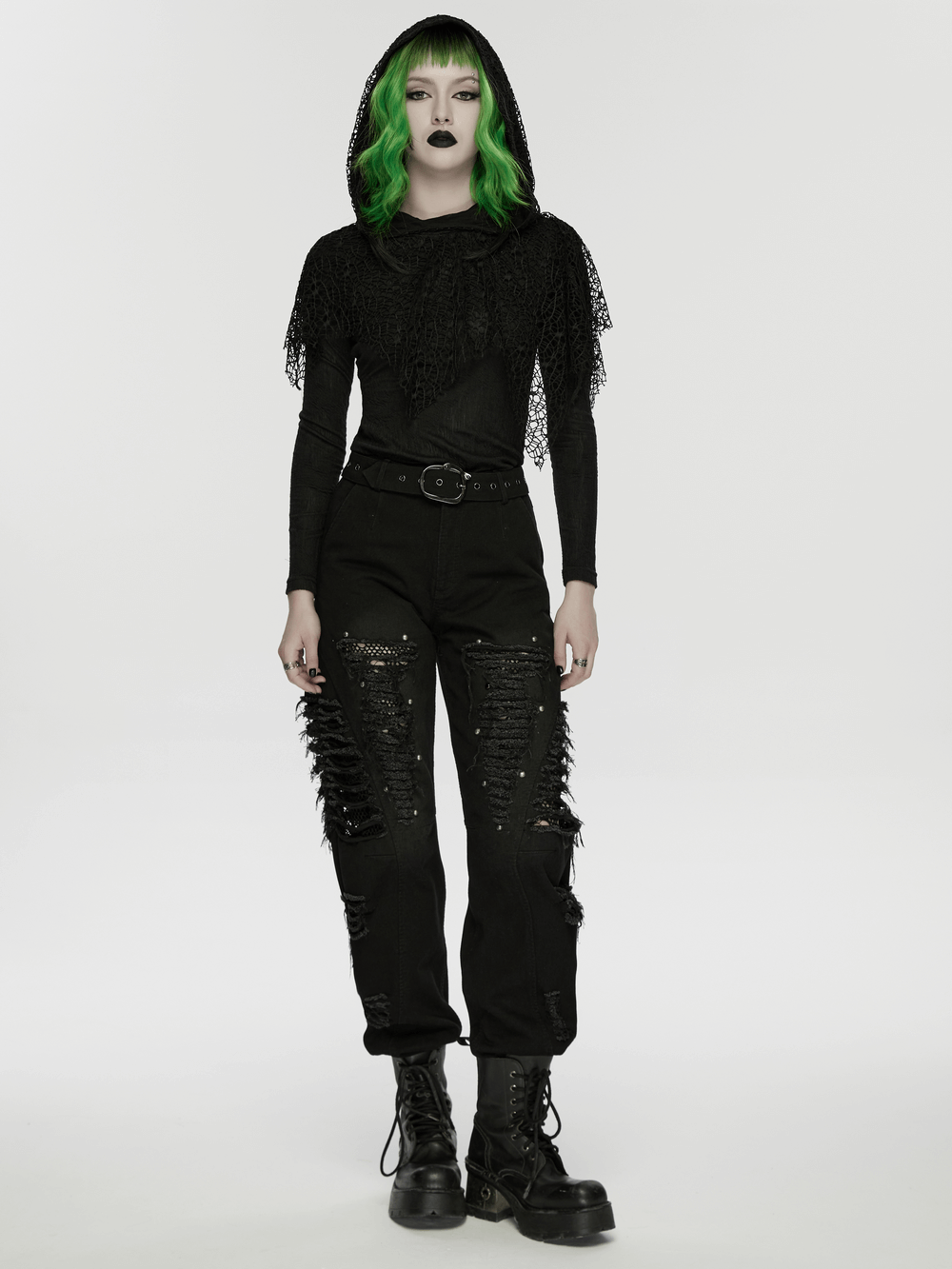 Model showcasing Black Hooded Mesh Overlay Wasteland Punk Top with edgy style and green hair.