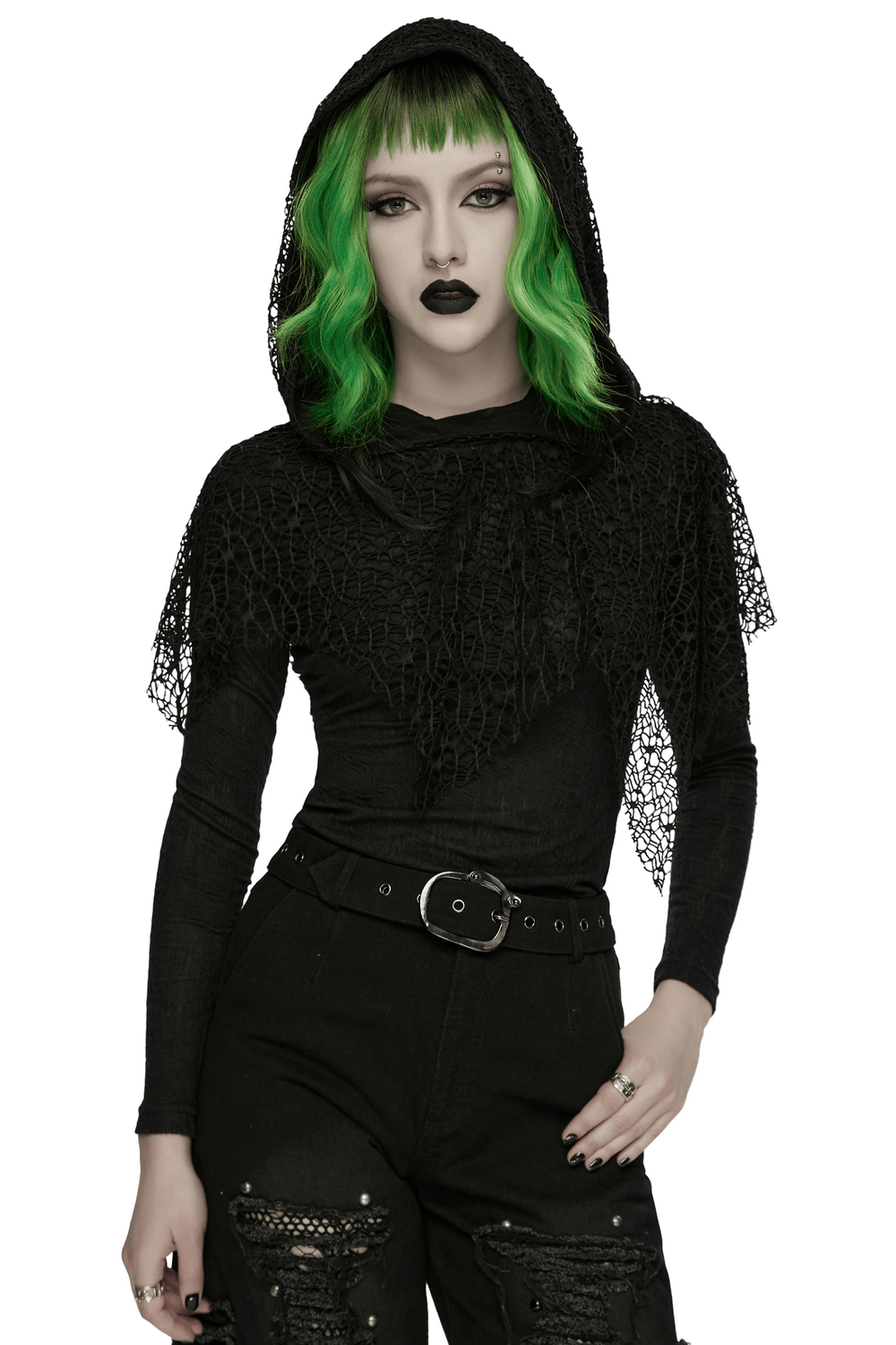 Black Hooded Mesh Overlay Wasteland Punk Top worn by model with green hair and dark makeup.